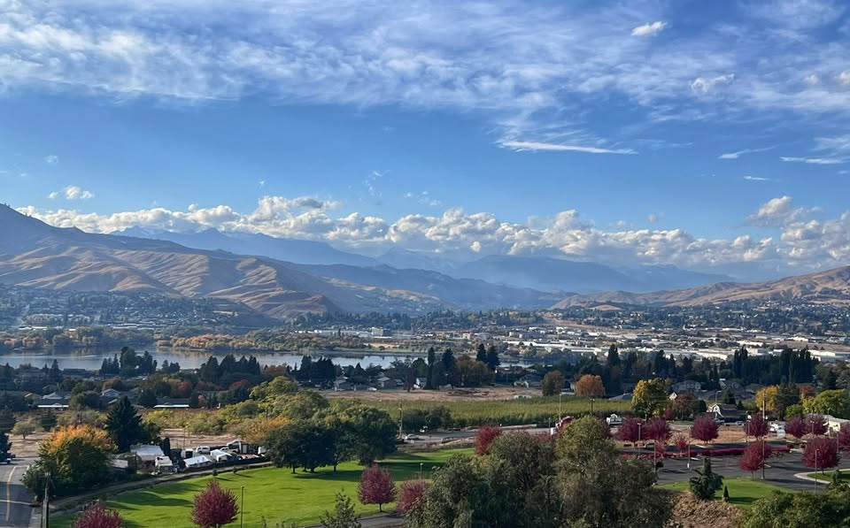 The Wenatchee Valley, Columbia River and Cascade foothills on a clear autumn day